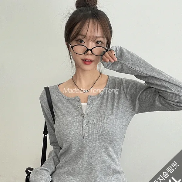 3사이즈 여리핏 단추 골지 긴팔티셔츠 [빅사이즈/통통제작]