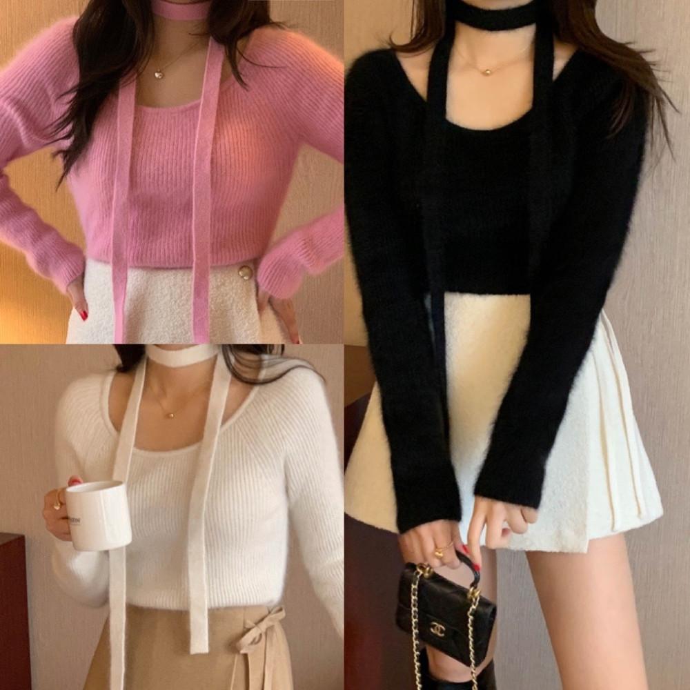 (전체당일/폭주/쿠폰/무배) 미엘 글린 앙고라 니트 타이 스카프 머플러 세트 골지 연말룩