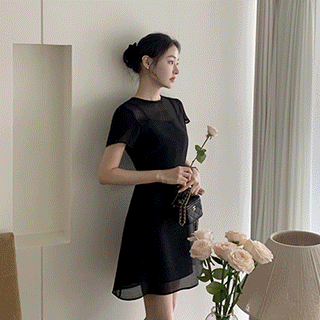 op15973 (2기장/브랜드퀄리티) 올리비아 오간자 시스루 하트넥 쉬폰 반팔 플레어 롱 원피스 여름 썸머