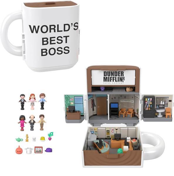 Polly Pocket x The Office 컴팩트 플레이세트 캐릭터 인형 6개와 액세서리 9개, 수집용 파트너십 장난감, 커피 머그 외부