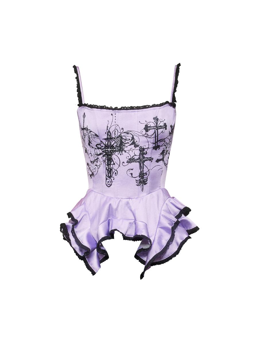 Cross Print Fishbone Sleeveless Lace Top