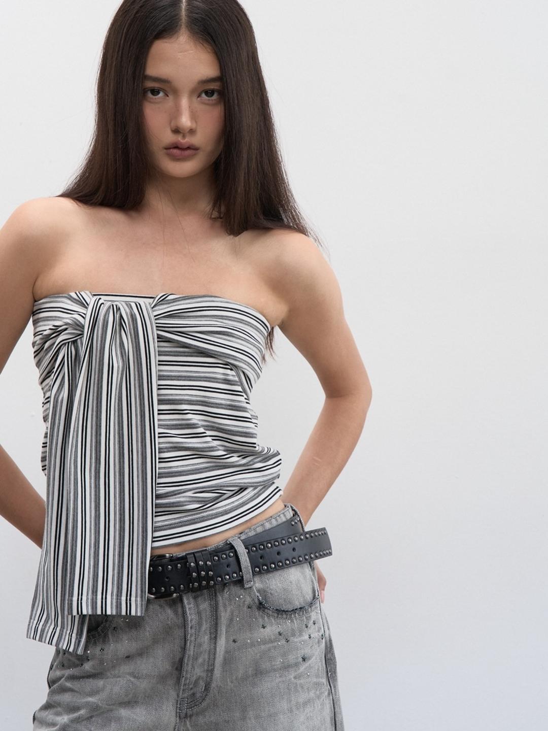 Sweet Letter Ribbon Stripe Tube Top (2color)