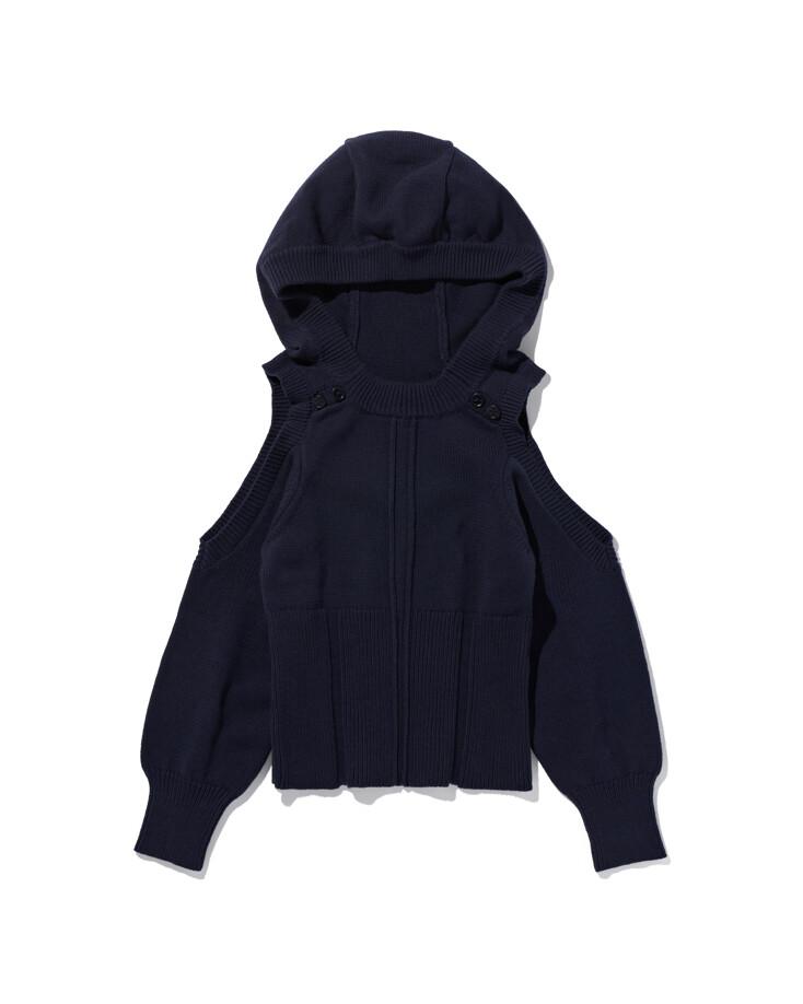 CUT OUT SHOULDER KNIT HOODIE - NAVY