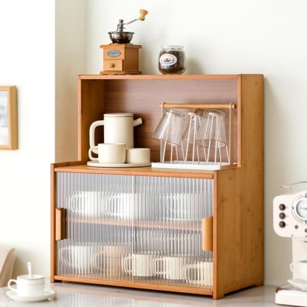 주방 홈카페 우드 미니찬장 컵 수납장 2단 도어 선반장 브라운 45
