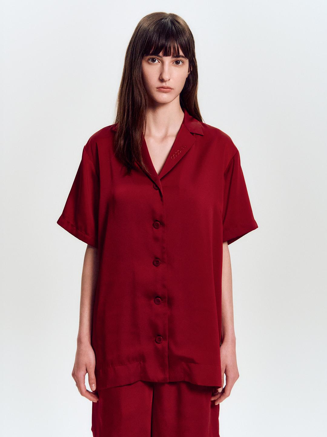 Satin Silky Open Half Shirt_Burgundy