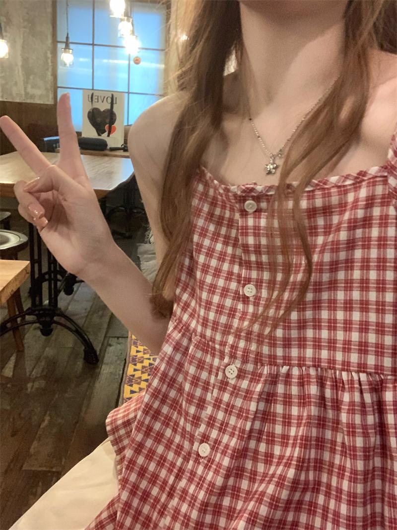 앤지 [빈티지/끈나시] 레드체크❤️ 여름 버튼 셔링 나시 블라우스 보나