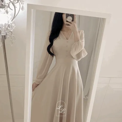 [롱ver/여리여신핏💐] 팅커 쉬폰 시스루 브이넥 소매 퍼프 긴팔 버튼 리본 a라인 플레어 롱원피스 (4clolor) 가을 하객룩 격식룩 브라이덜샤워 셀프웨딩 웨딩촬영 증명사진