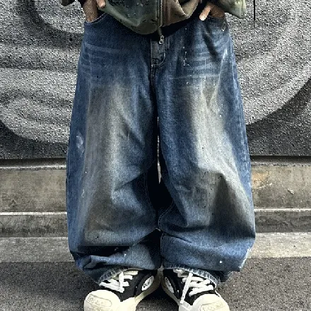 [Unisex] 와이드 더티 페인팅 데님 팬츠