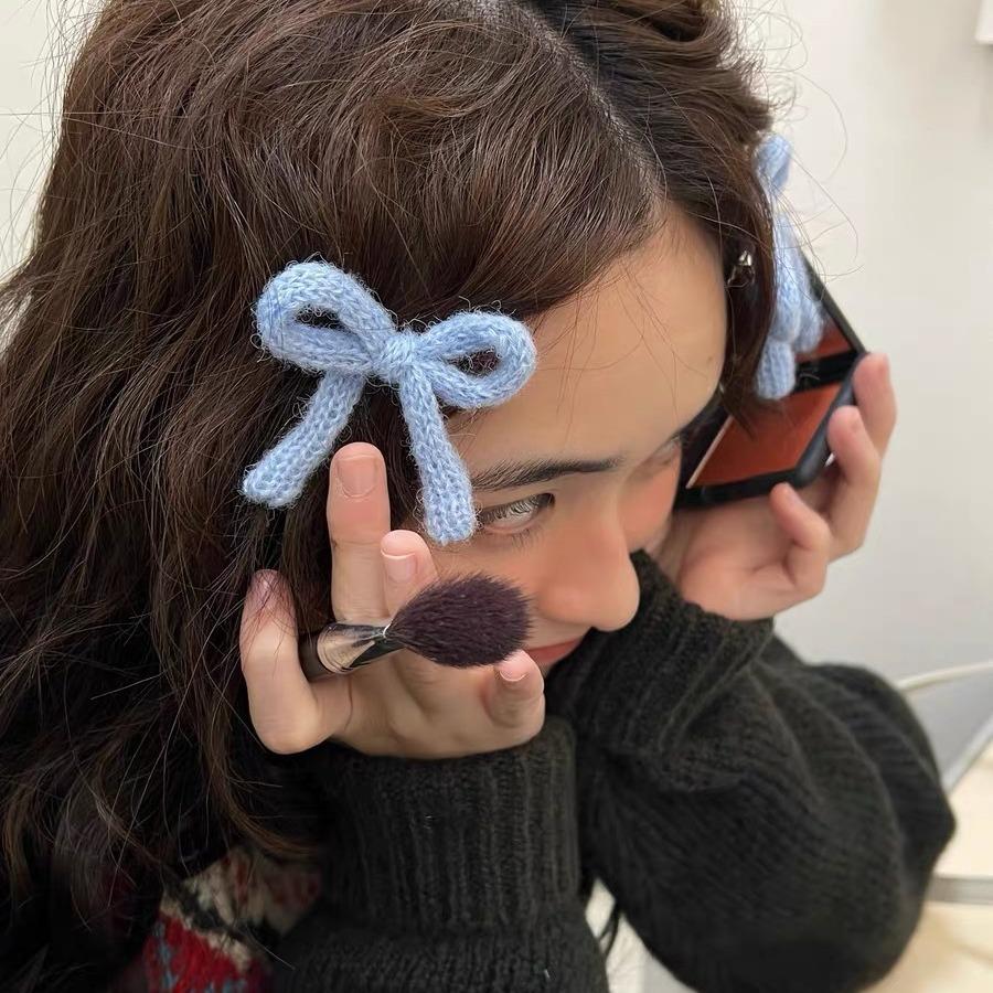 [당일출고/무료선물포장/1+1할인]앙고라 니트 리본 머리핀 무지개 심플 헤어핀
