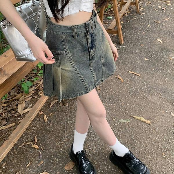 밀러리 플리츠 데님 스커트