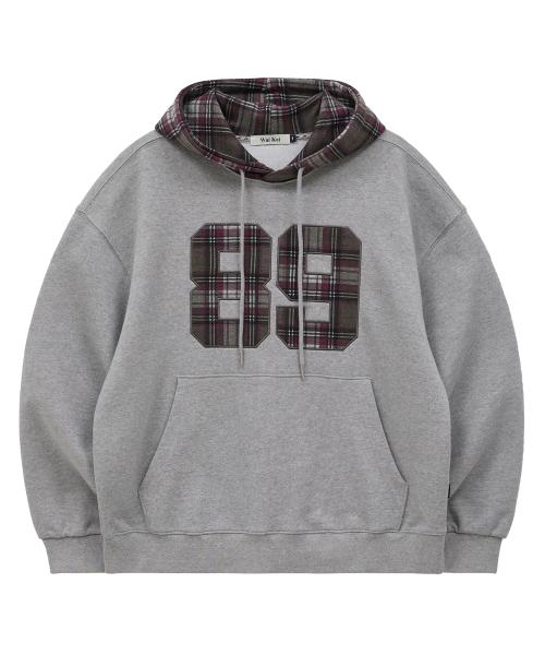 컬러블록 89 로고 체크 후드티셔츠 그레이