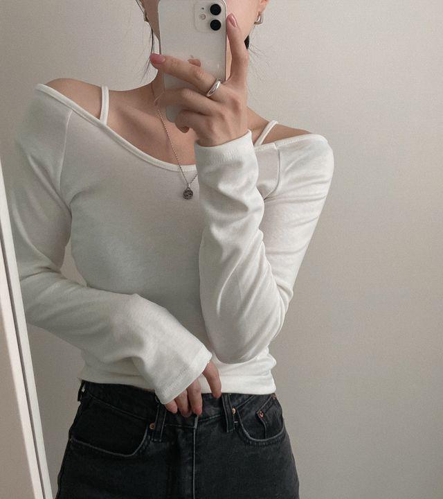 속기모, 여리여리 끈 스윗 오프숄더 티셔츠 (3color)_몽그라미_2