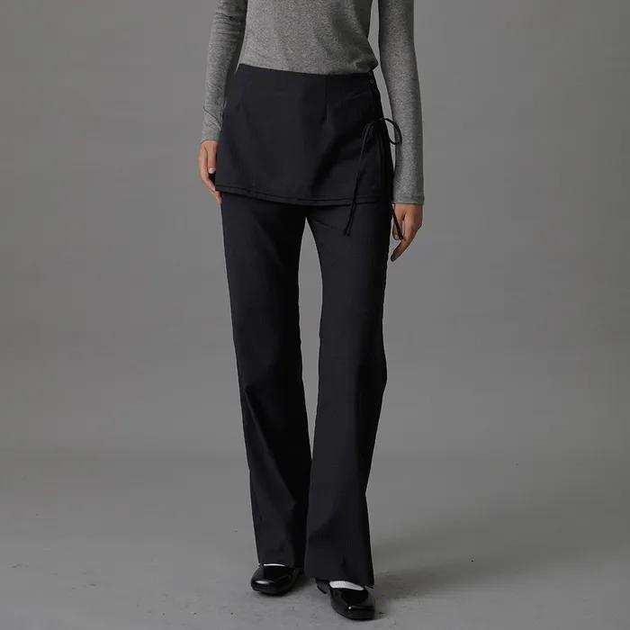 SLIM-FIT LAYERED SKIRT PANTS_CHARCOAL