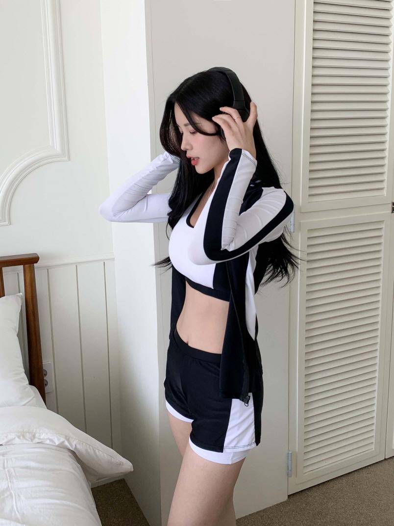 비마이뮤즈 [4피스SET/무배] 시그니처 배색 라인 브라탑 집업 래쉬가드 반바지 긴레깅스 수영복