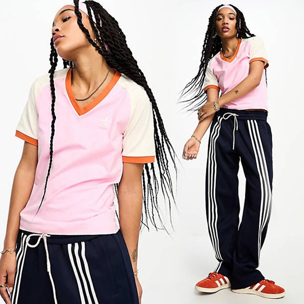 아디다스 오리지날 레트로 70 브이넥 반팔 티셔츠 핑크