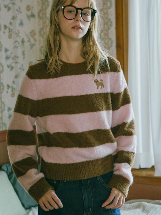 Poodle-poodle Wool Stripe Knit Top_Pink Brown