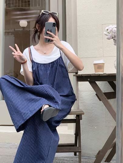 DAZY Women's Casual Loose Striped Wide Leg Jumpsuit
