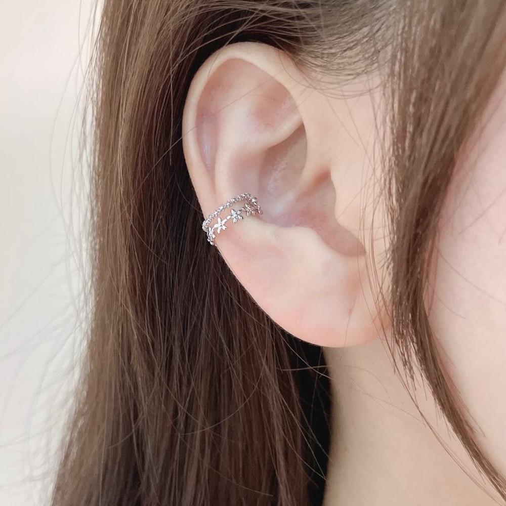 플라워 꽃 두줄 이어커프 귀찌 귀안뚫는 귀걸이