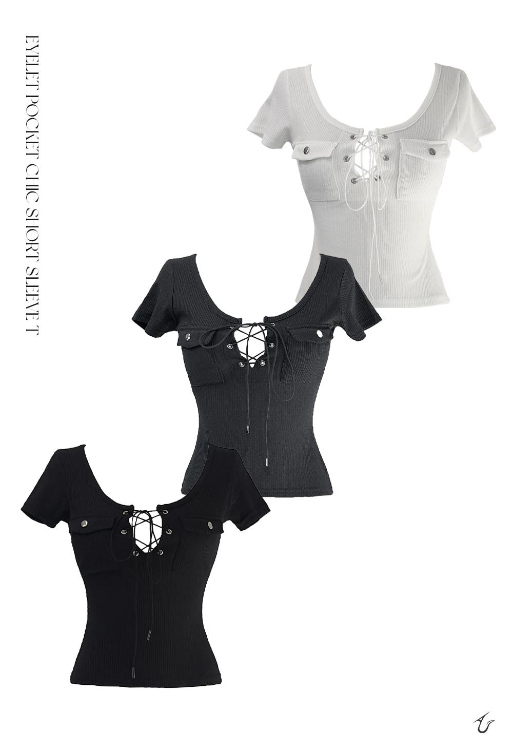 [3COLOR] eyelet pocket chic short sleeve T
