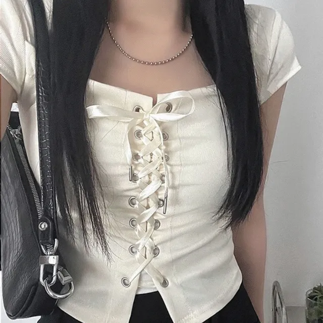 corset square 쫀쫀 아일렛 리본 코르셋 스퀘어 - t (2col)