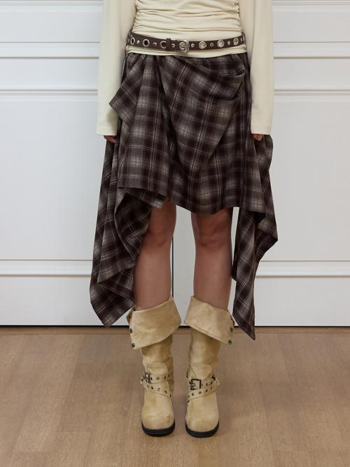 CHECK DRAPED LONG SKIRT - BROWN