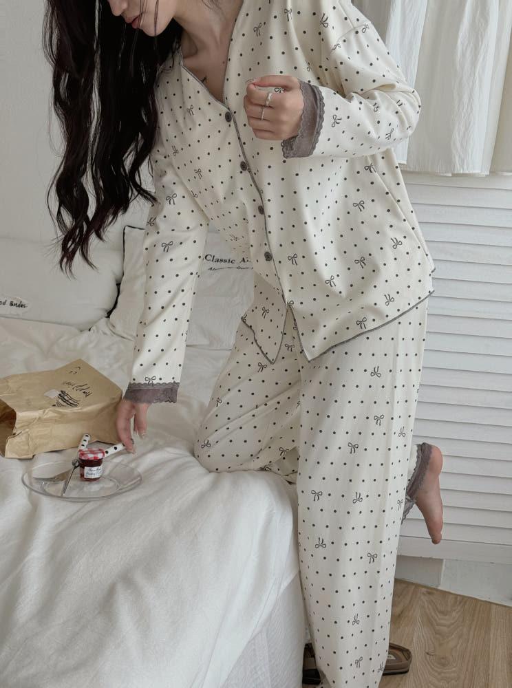 NEW 프리미엄 캡내장 심플 도트 리본 상하세트 파자마