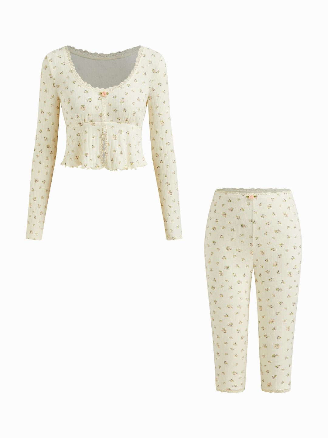 100% Cotton Scoop Neckline Floral Lace Lettuce Trim Crop Top & Low Rise Leggings Loungewear Set