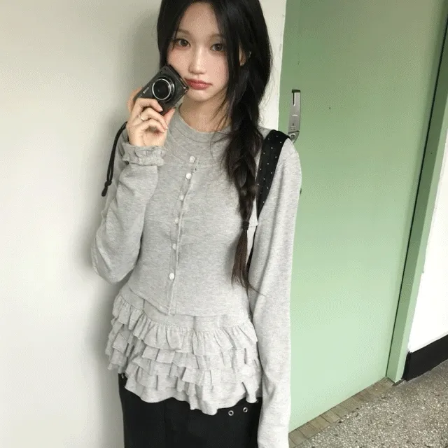 [블랙 당일배송!/레이어드템!/일체형🩶] 달콤 프릴 캉캉 레이어드 가디건 세트