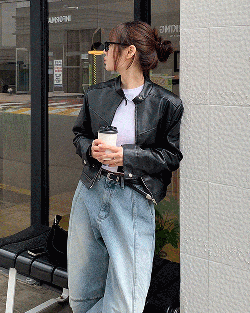 [블랙 당일발송] 듄 비건 하이넥 크롭 레더 자켓 (2color)