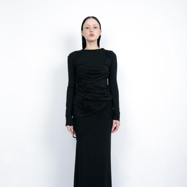 DRAPED TWIST STRING LONG SKIRT (BLACK)