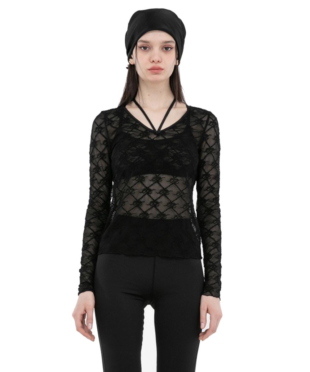 IZV LOGO EMBROIDERY LACE TOP BLACK