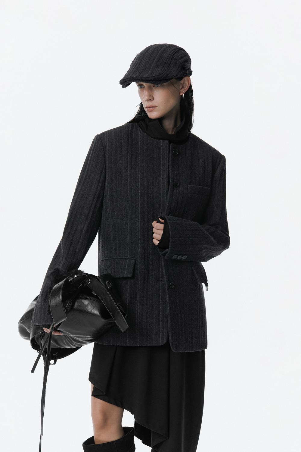 Collarless Wool Jacket [ Drak Gray ]