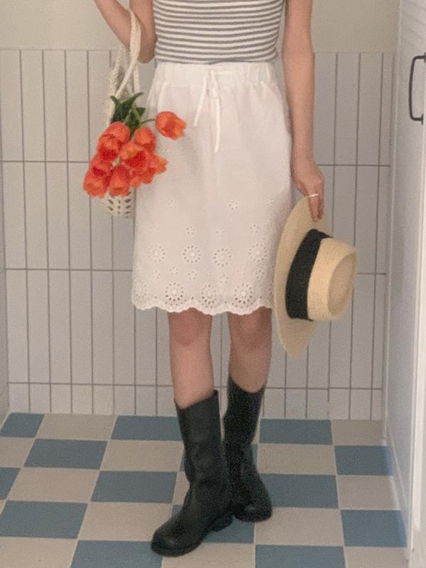 퓨어밍 여름 펀칭 밴딩 치마 미디 스커트