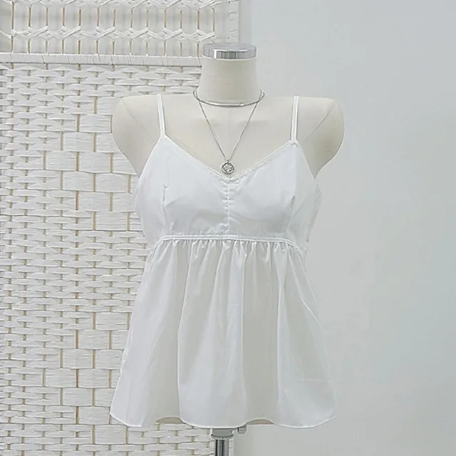 [1+1할인/끈조절O/청순섹시/여신룩/러블리/휴가룩/바캉스룩/데이트룩/여름/하늘색/소라색] 페리 루즈핏 브이넥 뷔스티에 탑 A라인 플레어 핀턱 셔링 프릴 끈 나시 블라우스