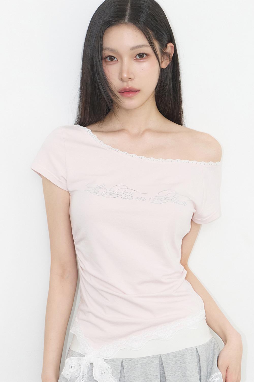 레이스 원숄더 셔링 탑 핑크