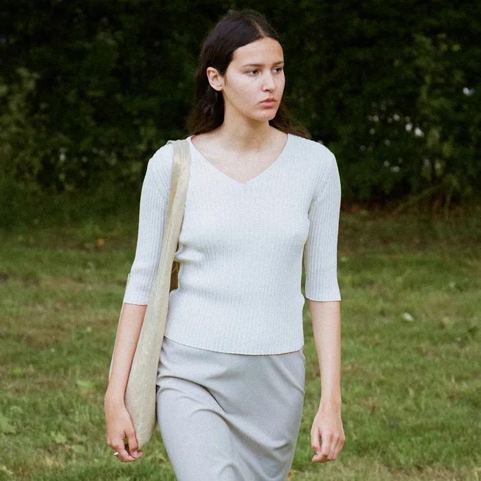 Ribbed V neck Knit in Pale Ivory