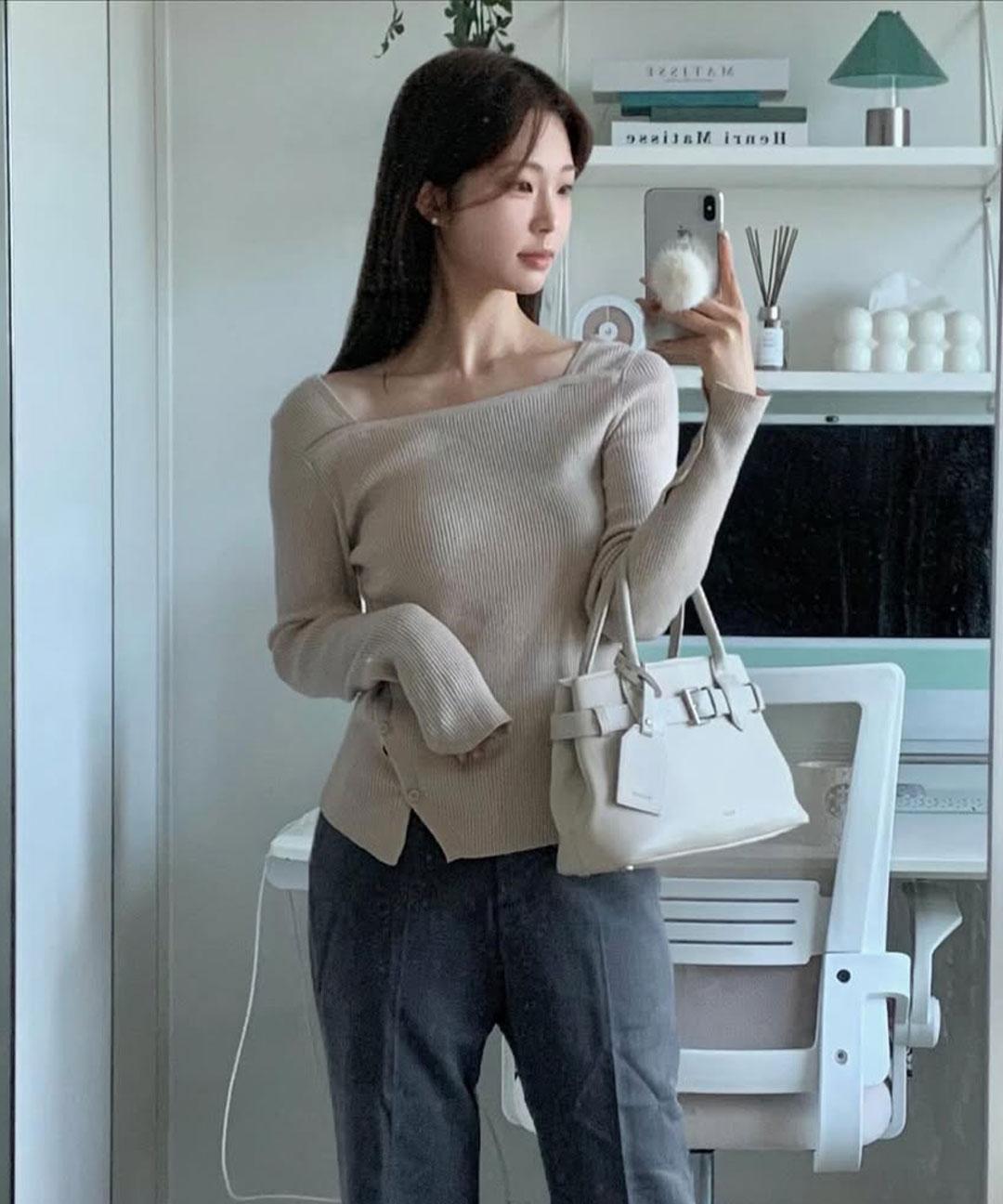 몽돌 스퀘어넥 레이어드 사선 버튼 골지 니트 탑 MDKT123_6 Colors