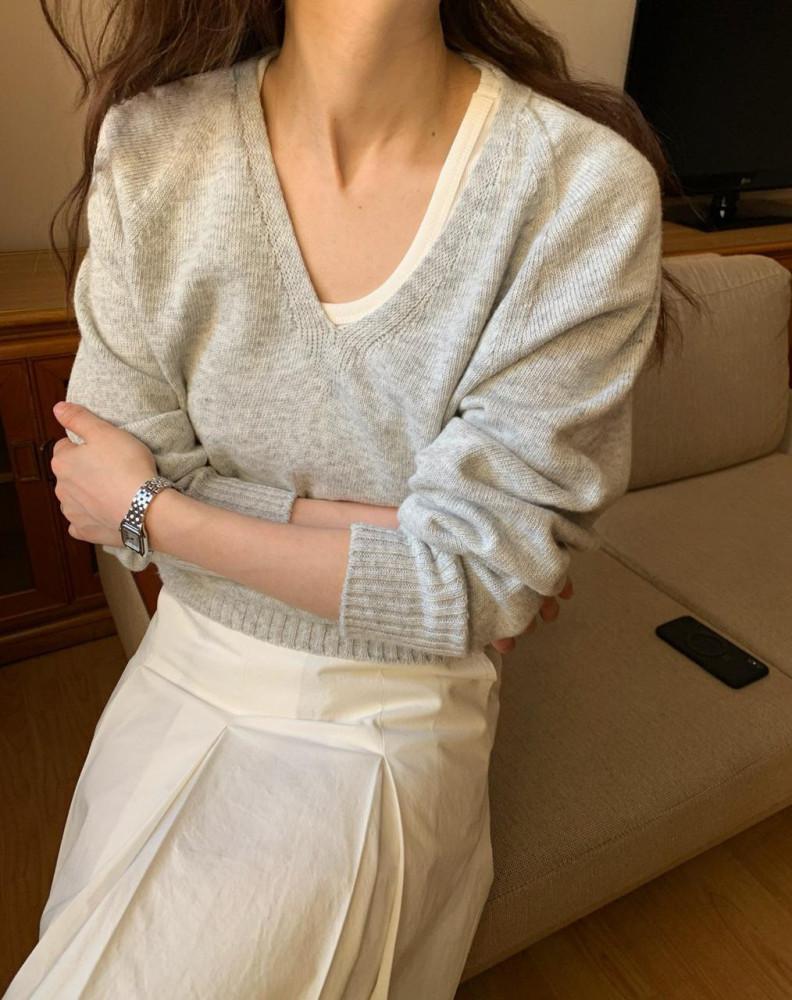 fllanel 플라넬 캄포 홀가먼트 니트 브이넥 긴팔 이태리 코튼 nt (4 color)