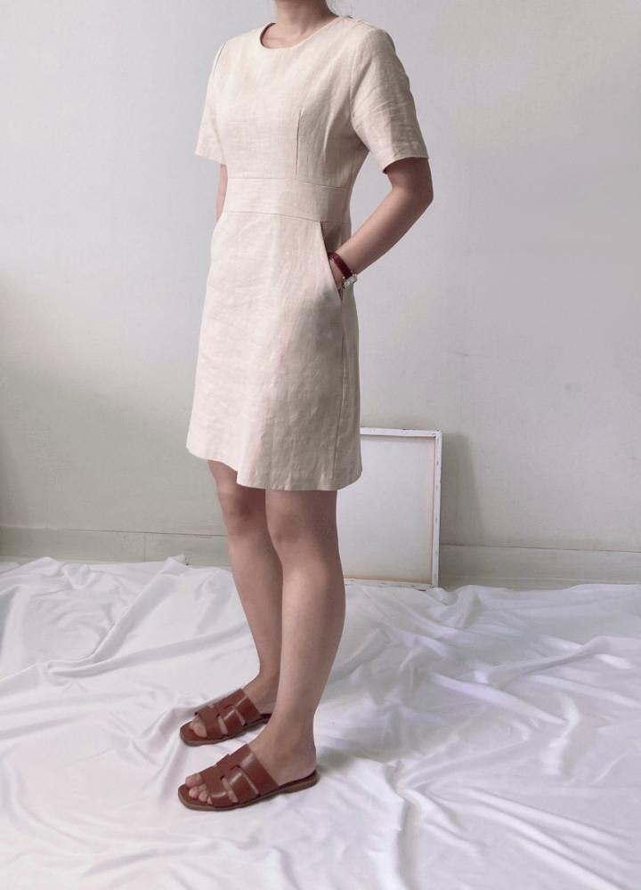 베이지 블랙 H라인 주머니 포켓 린넨 라운드넥 여름 하객 미니원피스 상견례 단정한 원피스