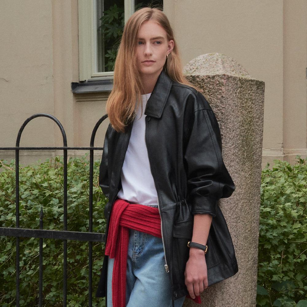 String belt natural leather jacket_Black