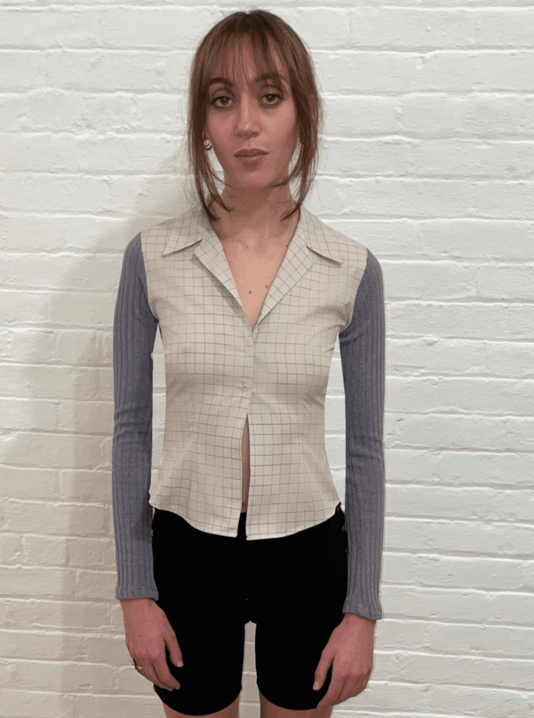 Rib Knit “button” Down - Tan Checker - XXS