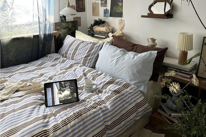 블루 배색 스트라이프 면 이불커버세트