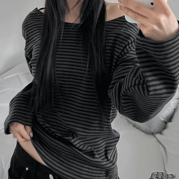 *묶음할인[체형보정/루즈핏] 원오프숄더 보트넥 단가라 긴팔티