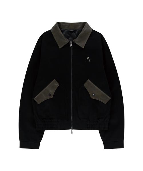 Contrast Leather Work Jacket (Black)