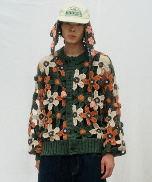 [P X NICKGEAR] 핸드메이드 링킹 플라워 니트 가디건 그린_FR3KJ03U
