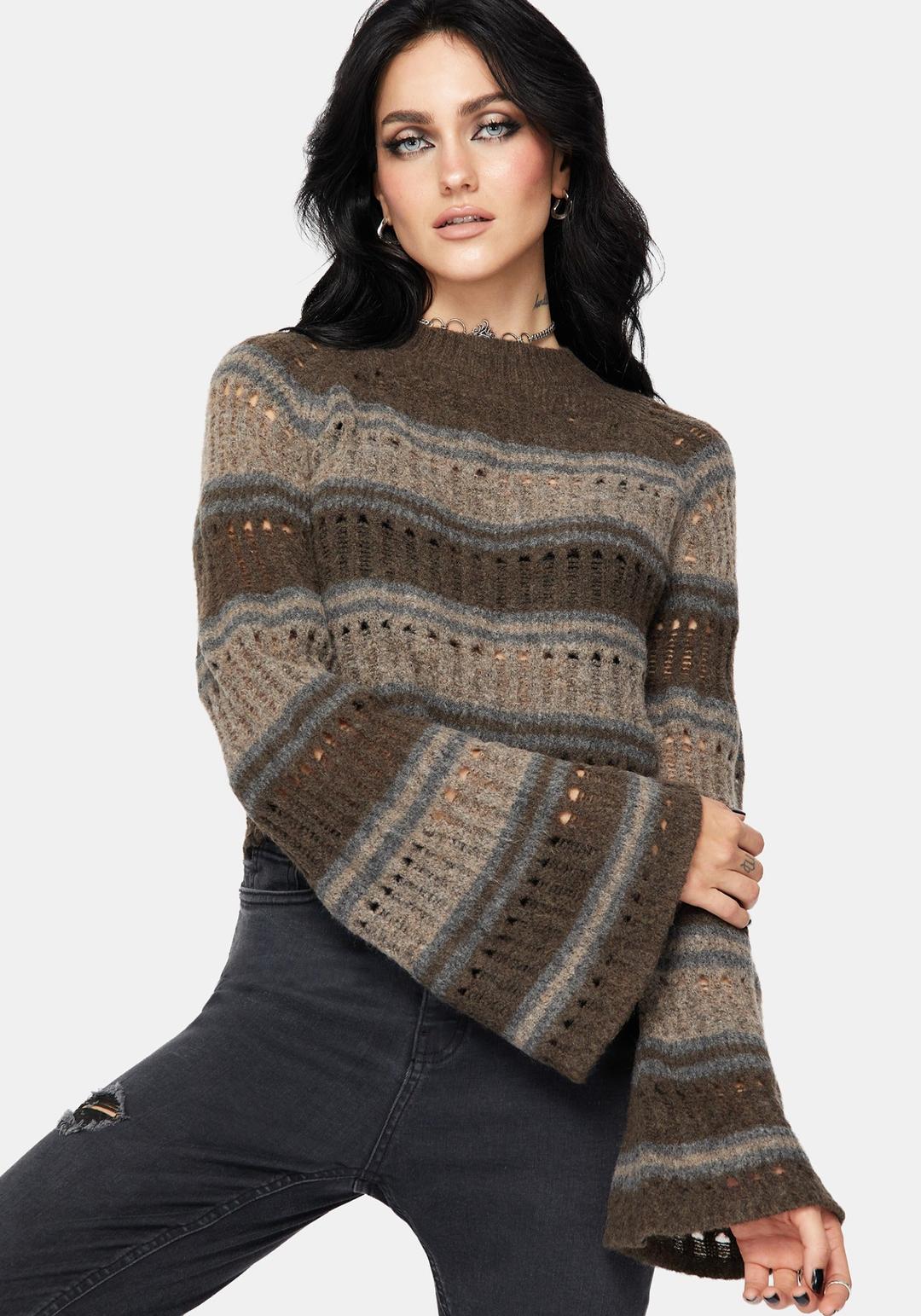 Splinter Stripe Knit Flare Sleeve Crop Jumper - Brown
