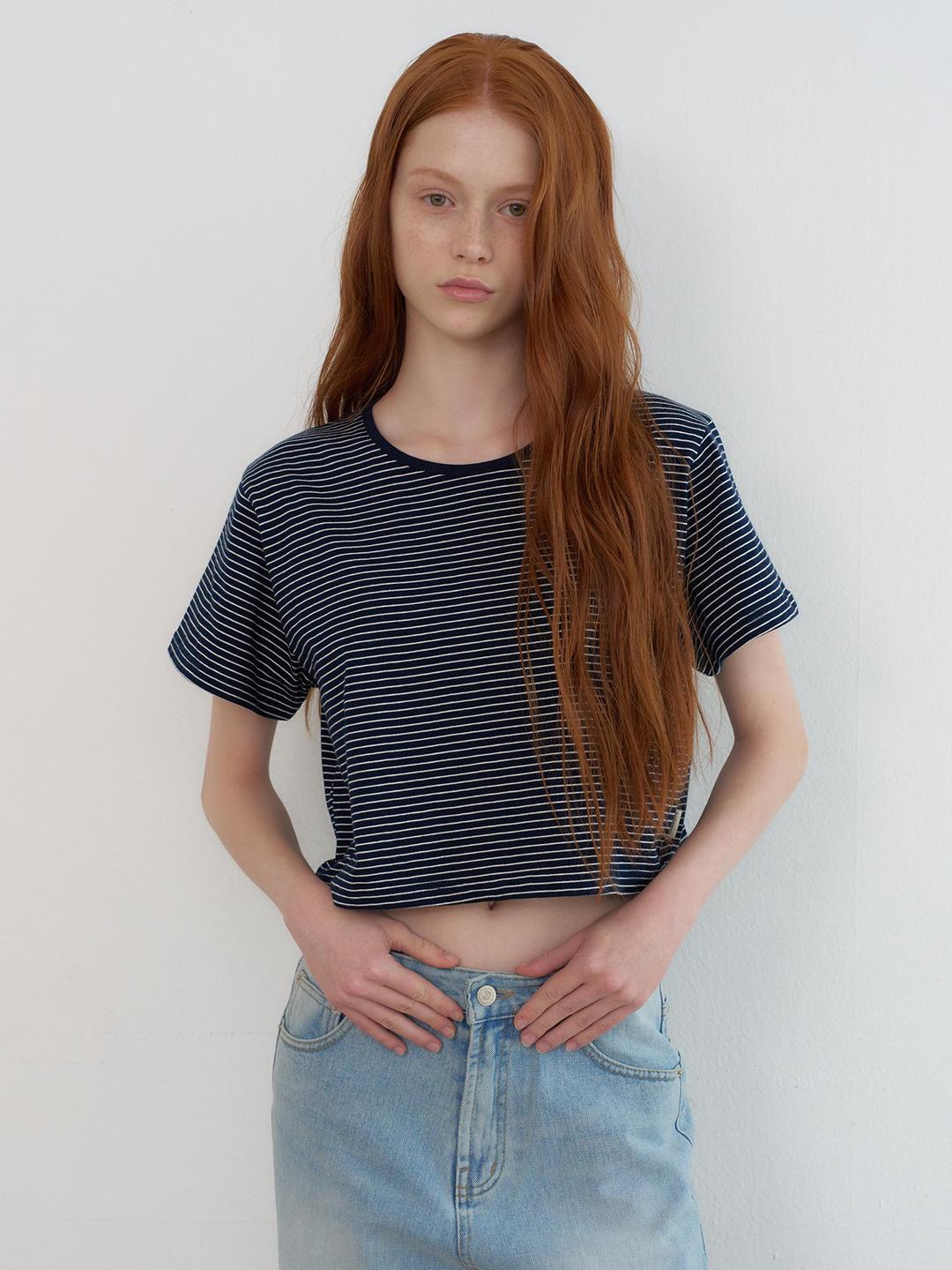 (refurb) routine stripe crop t-shirts (navy)