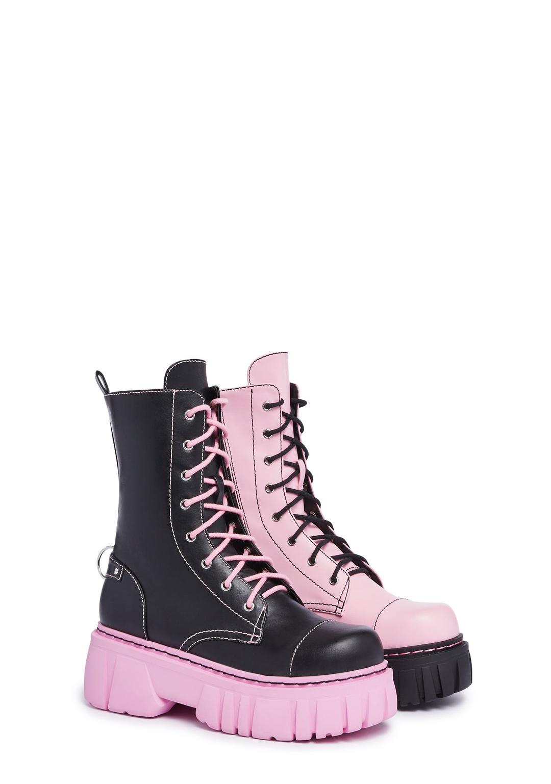 Devil Games Mismatched Combat Boots - Black/Pink - COLORBLOCK / US 7