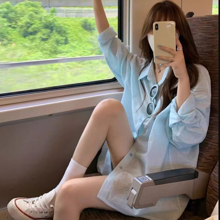 (당일출고/냉방병차단/햇빛차단) 카라 루즈핏 스트라이프 줄무늬 배색 여름 썸머 간절기 블라우스 셔츠 남방 2color