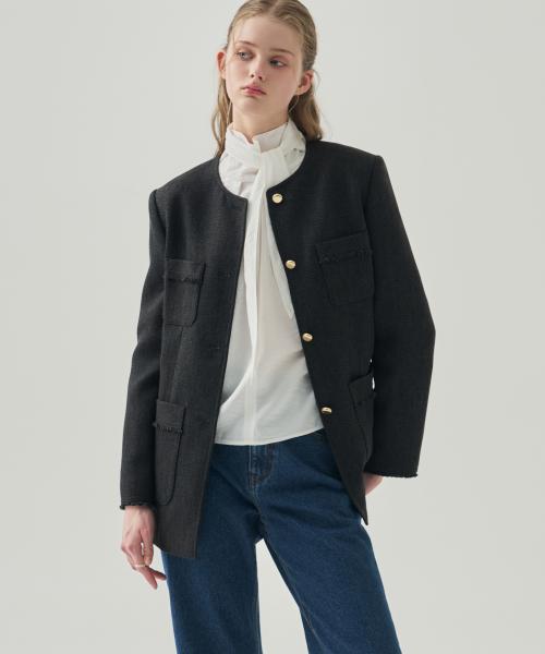 프린지 라운드 롱 트위드 자켓 [BLACK]